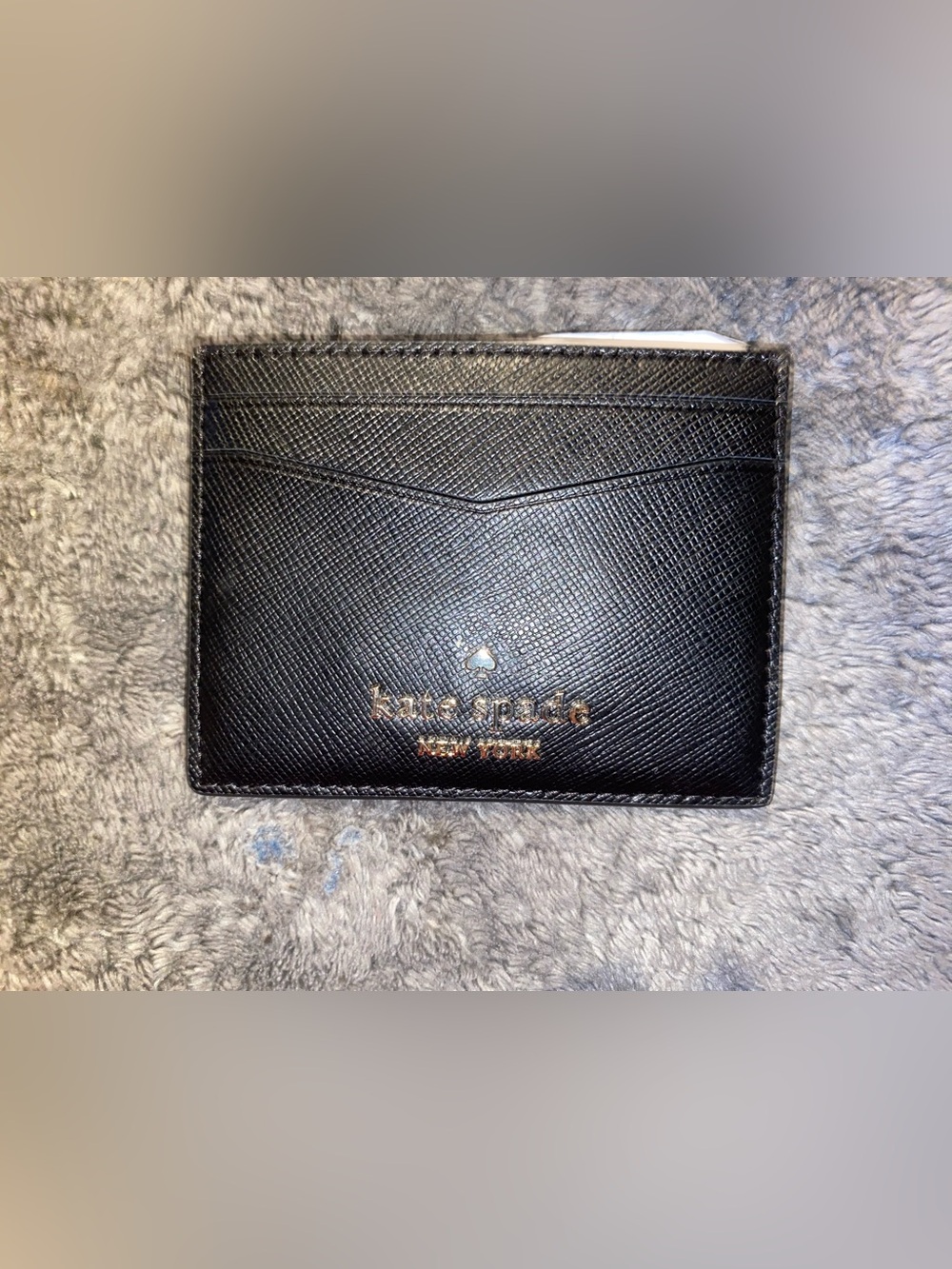 BNWT Kate Spade NY Black Textured Leather Card Wallet with Gold Logo $89